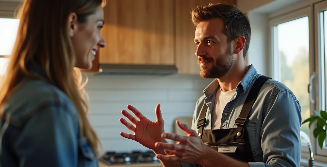 Électricien expliquant des options d'installation à un client dans une cuisine moderne