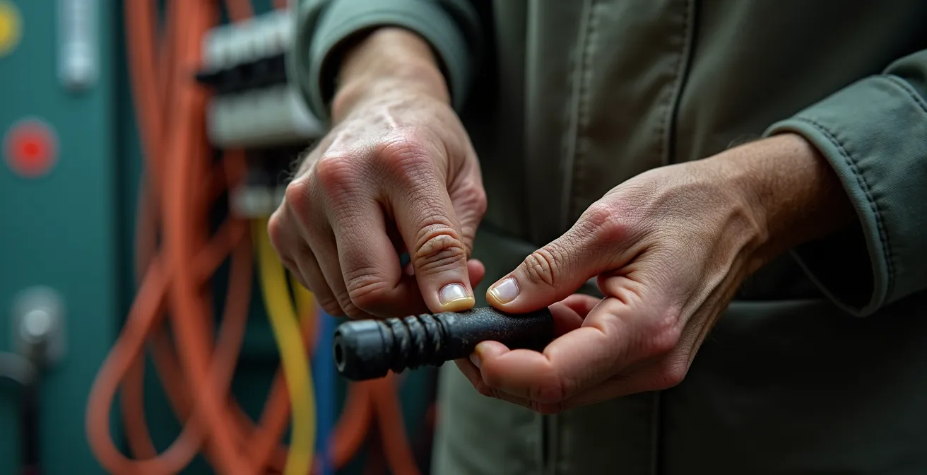 Gros plan sur les mains expertes d'un électricien travaillant sur un tableau électrique