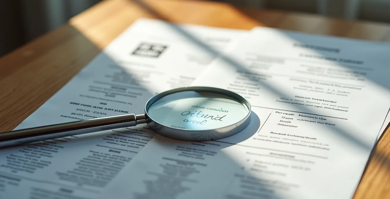 Vue aérienne de documents de certification étalés sur une table avec une loupe