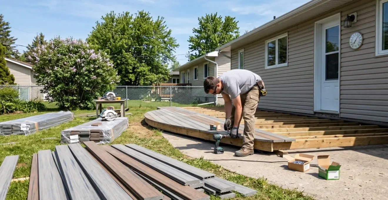 Chantier patio courbe en construction par belle journée printanière ensoleillée avec matériaux PVC entreposés, thermomètre extérieur et ciel bleu visible