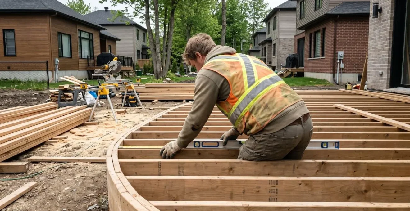 Ouvrier de dos en veste sécurité installant solives de bois rapprochées pour section courbe de patio, chantier résidentiel avec outils de mesure visibles