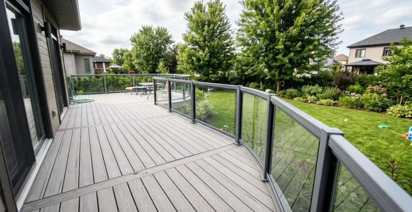 Patio surélevé avec courbes fluides en PVC gris pâle et rampes suivant le tracé courbe, cour résidentielle contemporaine Québec avec pelouse verte en arrière-plan