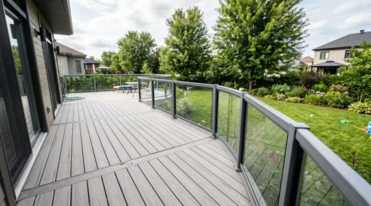 Patio surélevé avec courbes fluides en PVC gris pâle et rampes suivant le tracé courbe, cour résidentielle contemporaine Québec avec pelouse verte en arrière-plan