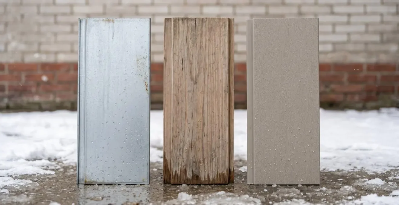 Comparaison visuelle de trois échantillons de matériaux pour porte de garage (acier, bois, composite) exposés aux intempéries hivernales, montrant différents degrés de vieillissement climatique