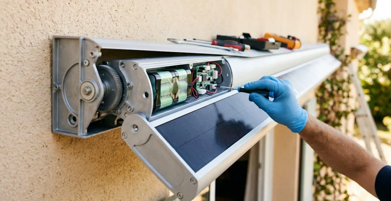 Gros plan sur un caisson de store motorisé montrant le panneau solaire intégré, la batterie lithium-ion et le boîtier de commande radio lors d'une intervention de maintenance, outils professionnels en arrière-plan