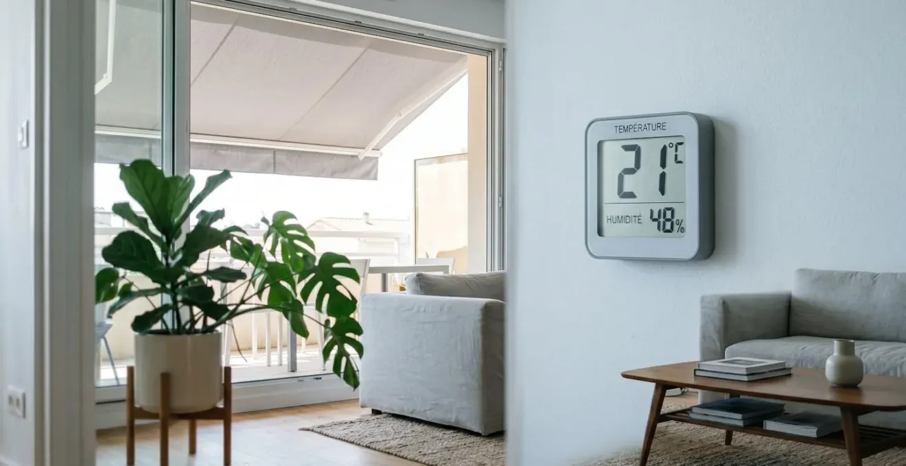Intérieur moderne français avec store extérieur fermé créant une lumière douce, thermomètre digital affichant 21°C, plante verte en premier plan, atmosphère fraîche contrastant avec la luminosité extérieure