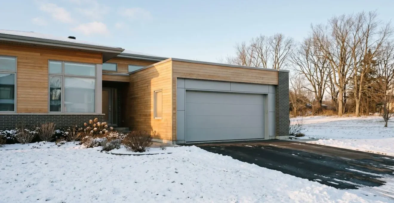 Maison unifamiliale moderne en banlieue québécoise avec garage double équipé d'une porte sectionnelle isolée, paysage hivernal serein avec neige légère et lumière dorée de fin d'après-midi