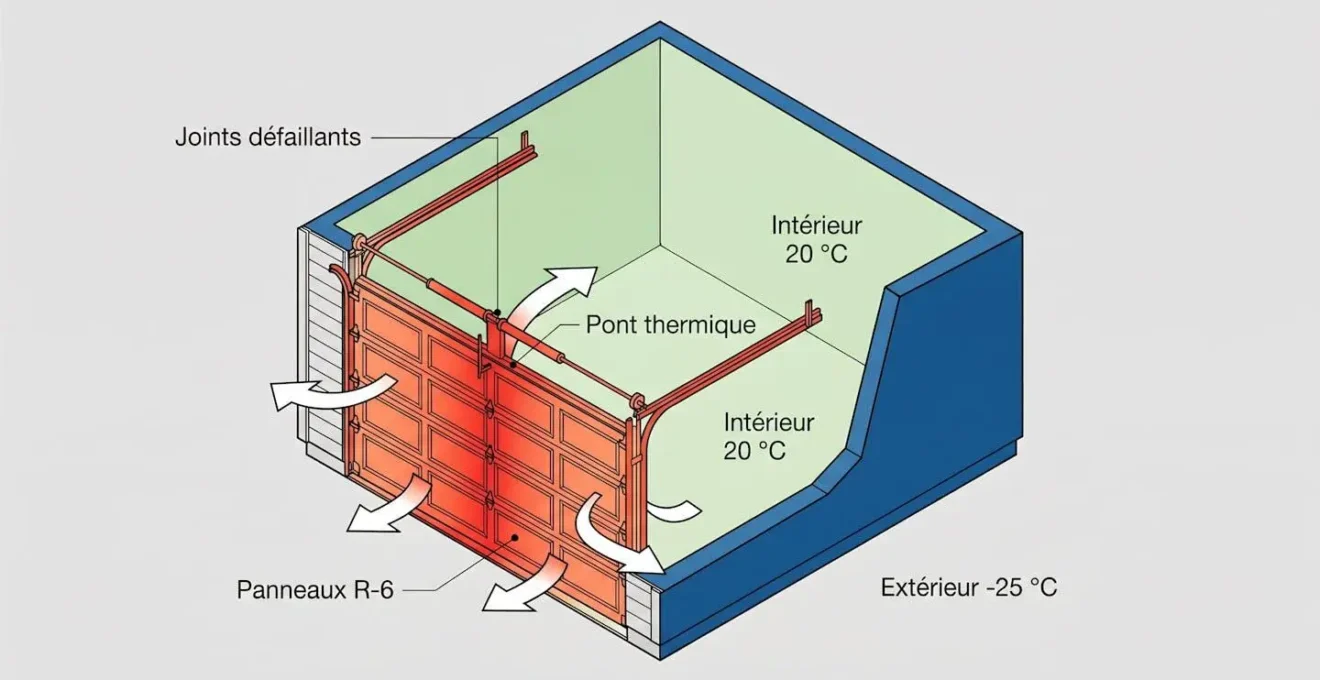 Schéma isométrique en coupe d'un garage montrant les zones de déperdition thermique d'une porte mal isolée par code couleur rouge-orange, avec températures intérieur 20°C et extérieur -25°C
