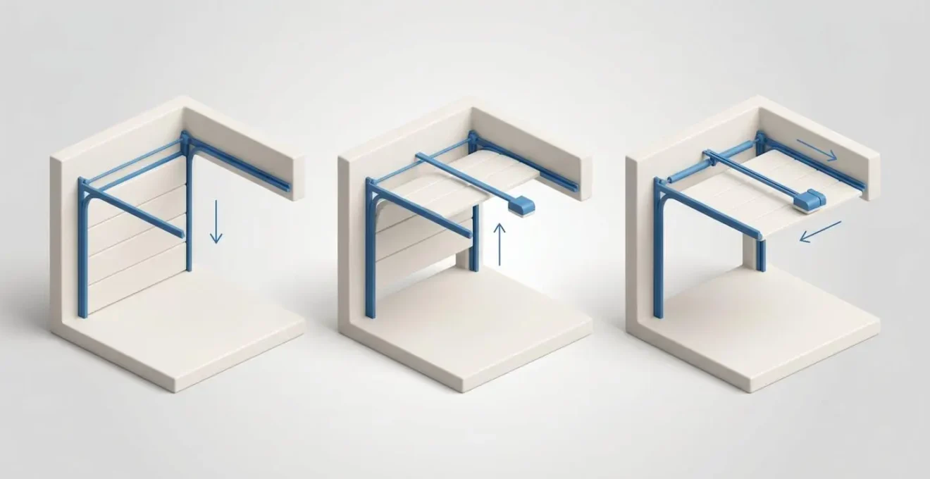 Séquence illustrative en trois étapes du mécanisme d'ouverture d'une porte de garage sectionnelle, montrant la trajectoire des panneaux le long des rails verticaux puis horizontaux