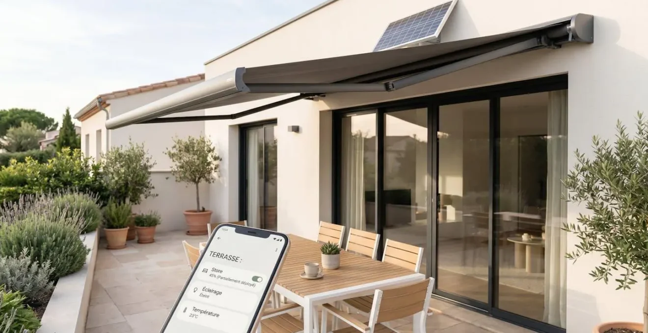 Terrasse moderne avec store banne motorisé équipé d'un panneau solaire, smartphone affichant l'interface de contrôle domotique posé sur une table de jardin, façade contemporaine en arrière-plan