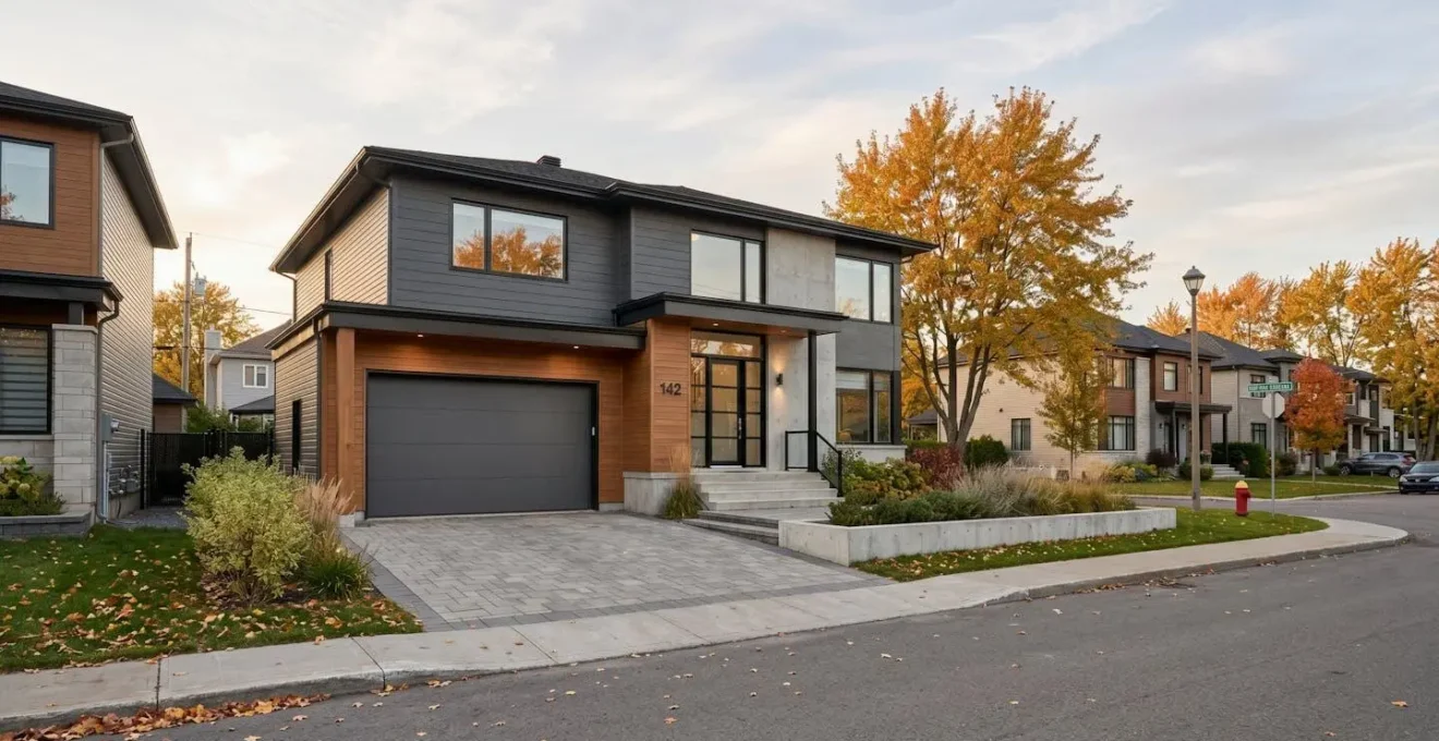 Maison unifamiliale de banlieue montréalaise avec porte de garage sectionnelle moderne fermée, façade contemporaine soignée et allée asphaltée en automne