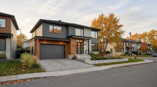 Maison unifamiliale de banlieue montréalaise avec porte de garage sectionnelle moderne fermée, façade contemporaine soignée et allée asphaltée en automne