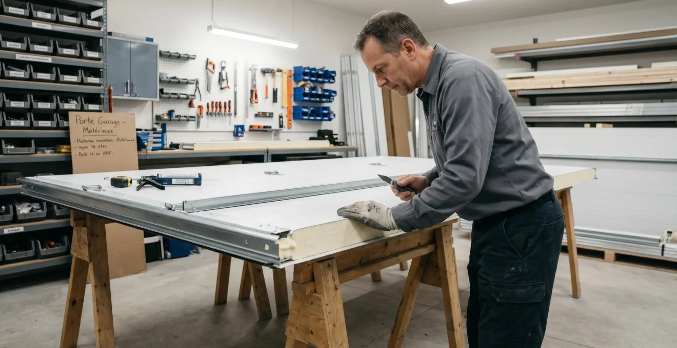Professionnel installant de l'isolant en mousse dans un panneau de porte de garage posé sur tréteaux dans un atelier