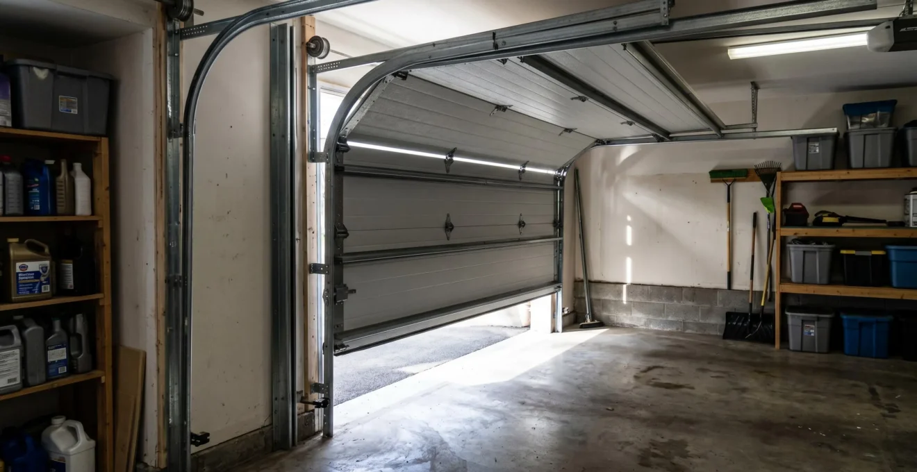 Vue intérieure d'un garage résidentiel montrant une porte sectionnelle à mi-ouverture avec rails verticaux et panneaux articulés visibles
